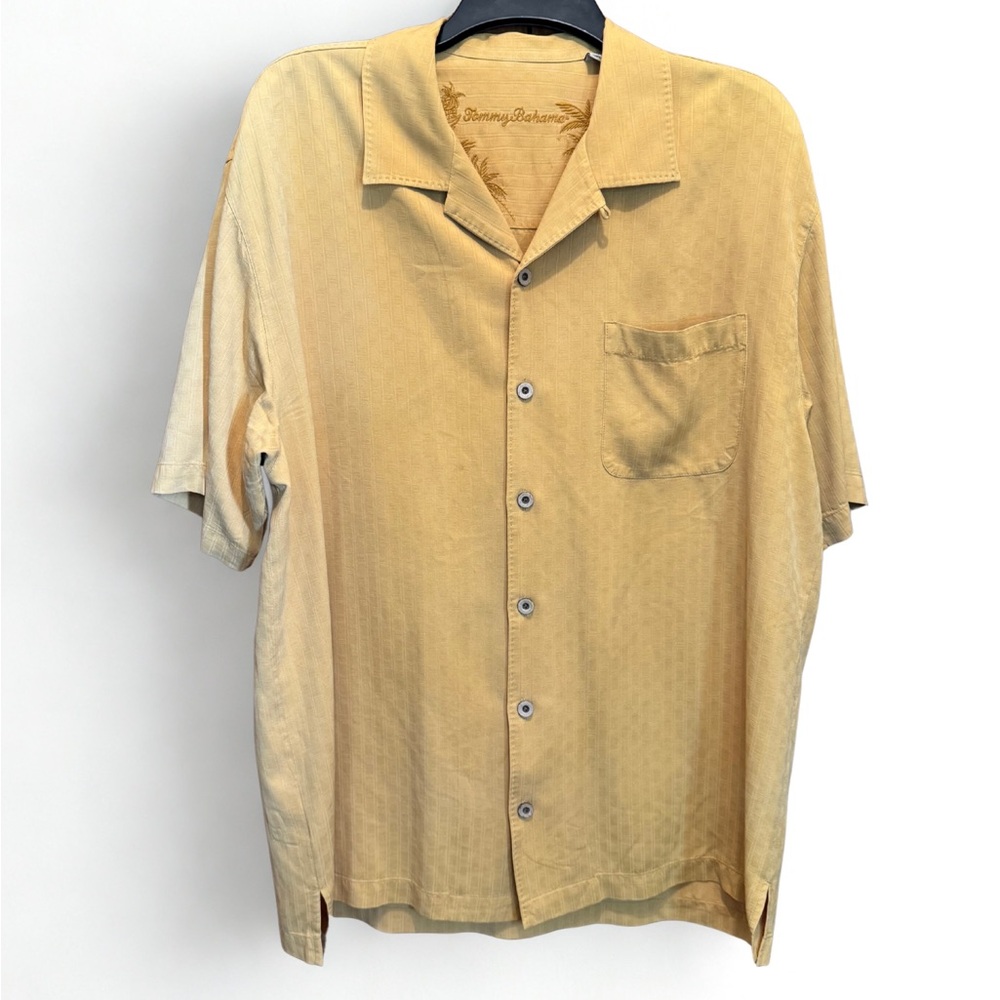 Tommy Bahama Mens Large 100% Silk Shirt Tan‎ Short Sleeve Button Up Large Bamboo